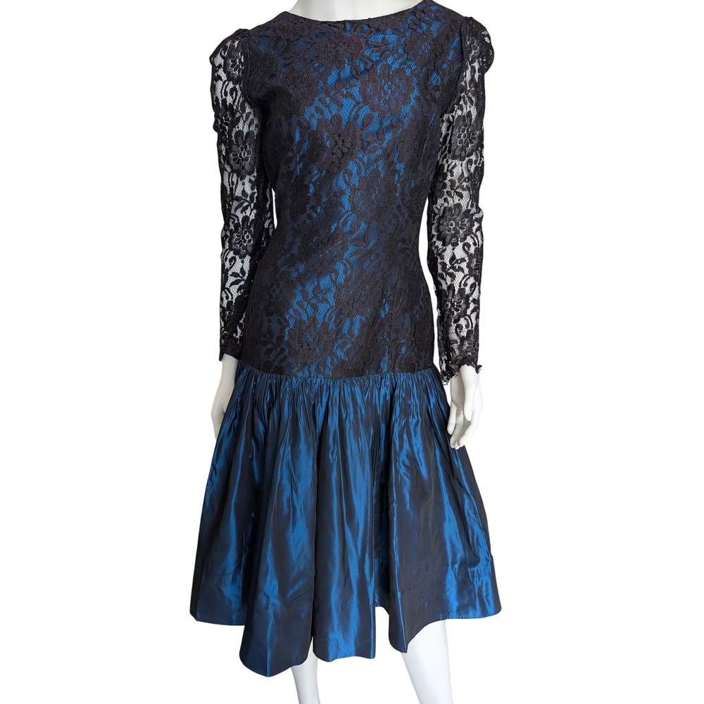 VTG 80s Drop Waist Prom Dress XS Open Back Bow Lace Taffeta Formal‎ Whimsigoth - Picture 3 of 7